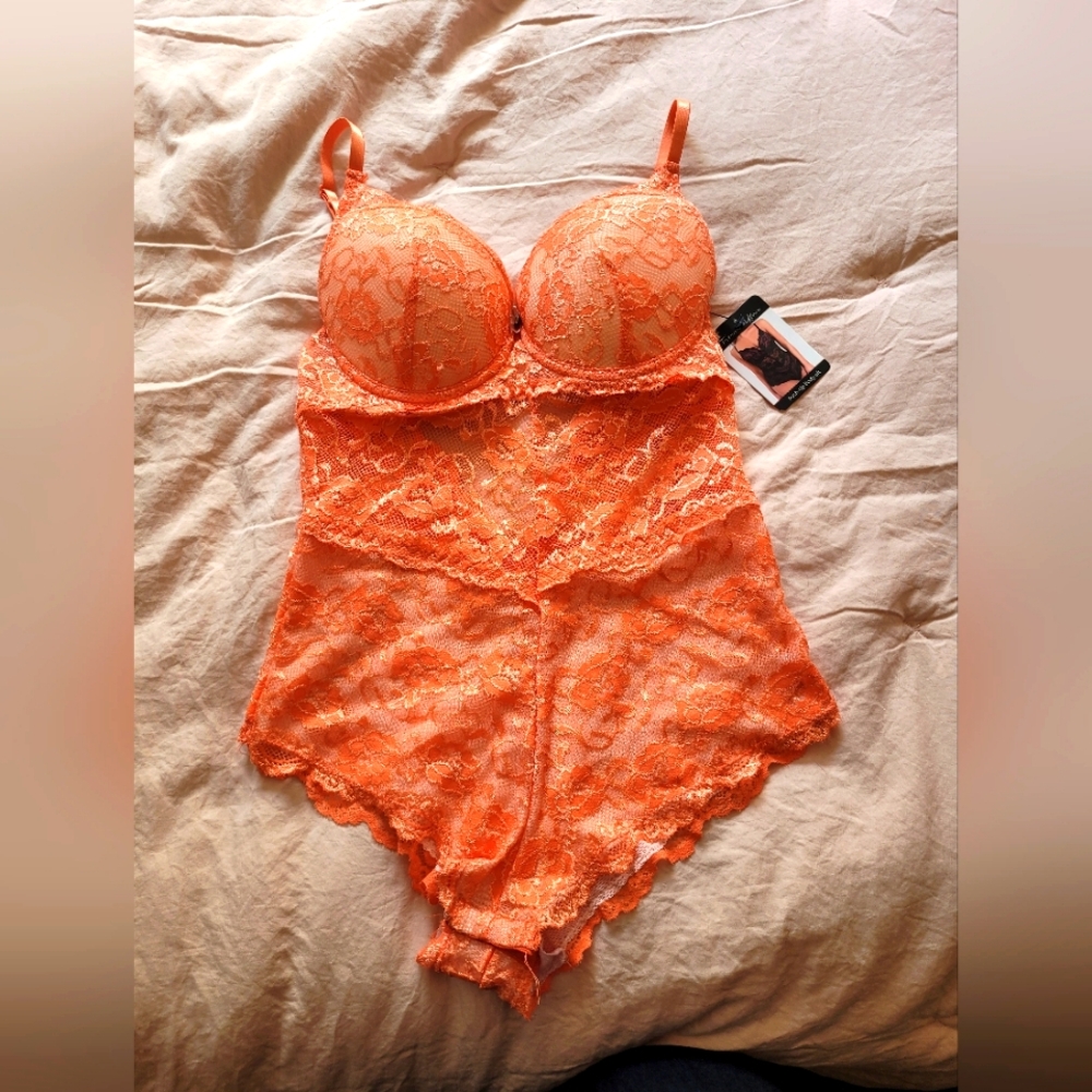French Affair Lace Bodysuit in Vibrant Orange